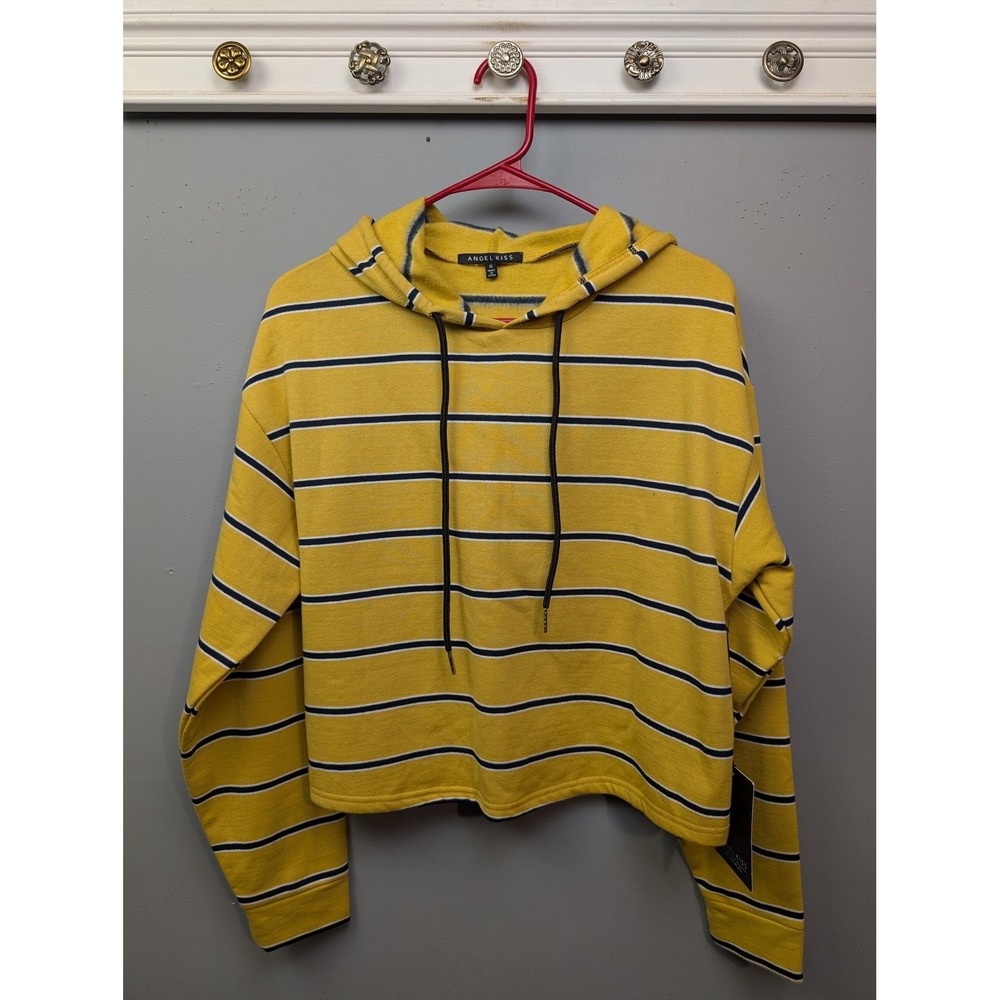 Angel Kiss Hoodie Womens Medium Yellow‎ Striped Cropped Pullover Lightweight New
